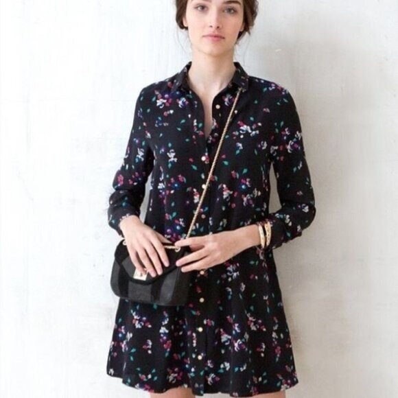💕SEZANE💕 100% Silk Button Down Shirt Dress ~ Black Floral Print XS - Picture 1 of 14